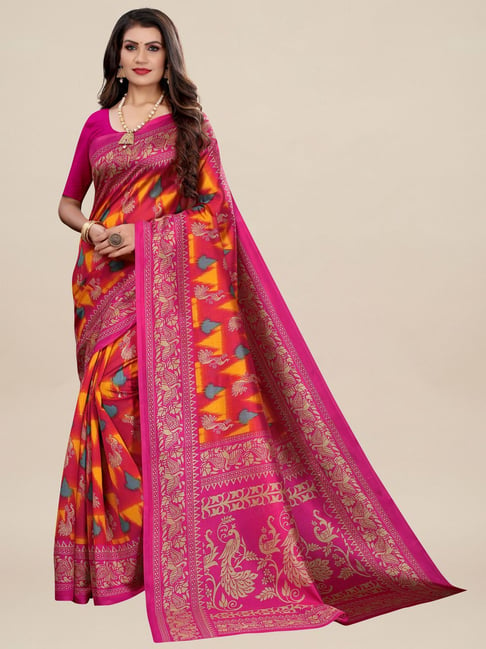 Saree Mall Pink Silk Printed Saree With Unstitched Blouse Price in India