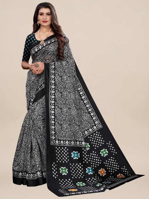 Saree Mall Black Silk Printed Saree With Unstitched Blouse Price in India