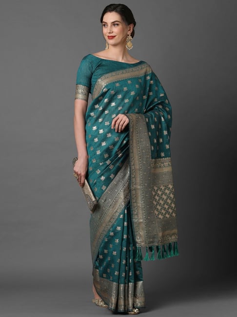 Saree Mall Teal Blue Woven Saree With Unstitched Blouse Price in India