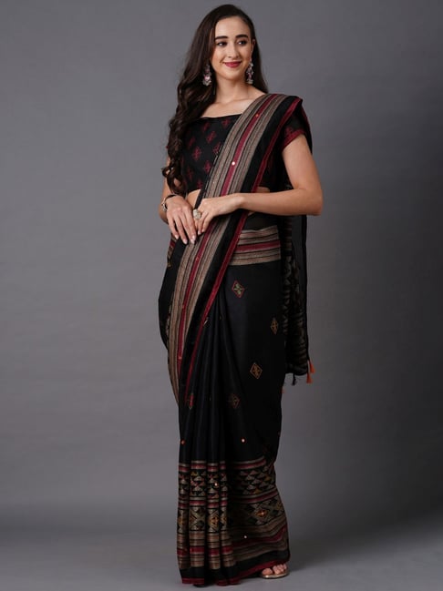 Saree Mall Black Silk Printed Saree With Unstitched Blouse Price in India