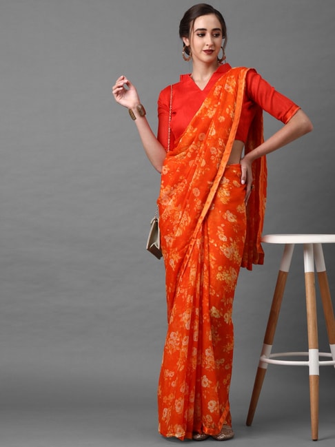 Saree Mall Orange Floral Print Saree With Unstitched Blouse Price in India