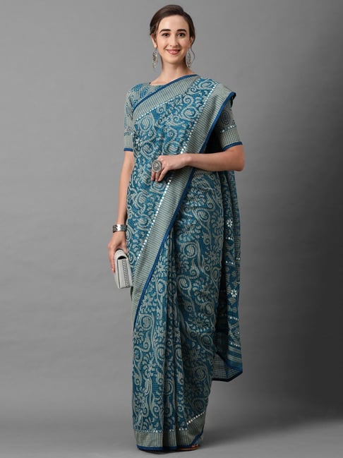 Saree Mall Blue Embellished Saree With Unstitched Blouse Price in India