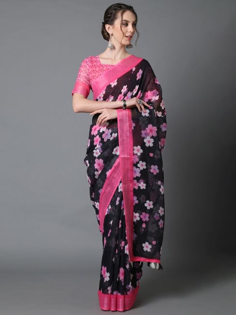 Saree Mall Black Linen Floral Print Saree With Unstitched Blouse Price in India