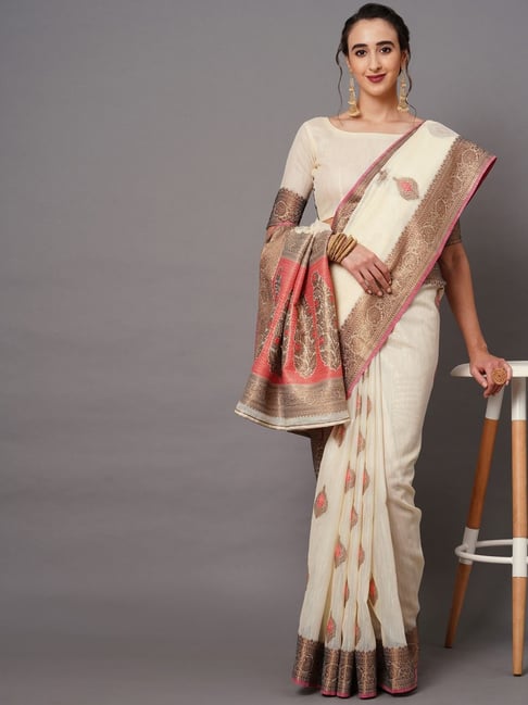 Saree Mall Off-white Woven Saree With Unstitched Blouse Price in India