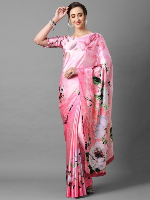 Saree Mall Pink Silk Floral Print Saree With Unstitched Blouse Price in India