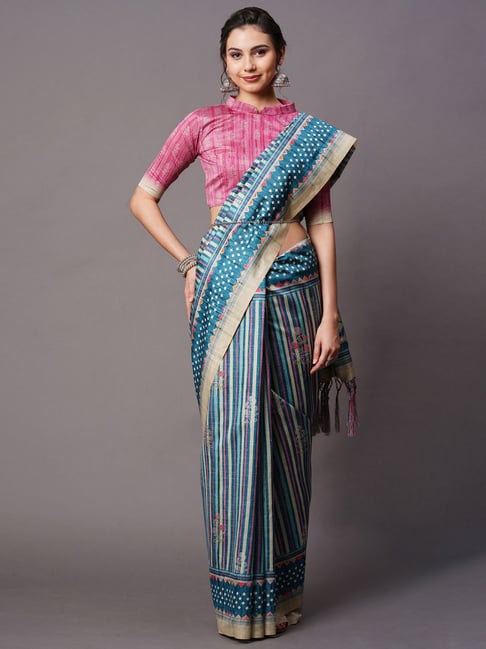 Saree Mall Teal Blue Silk Printed Saree With Unstitched Blouse Price in India