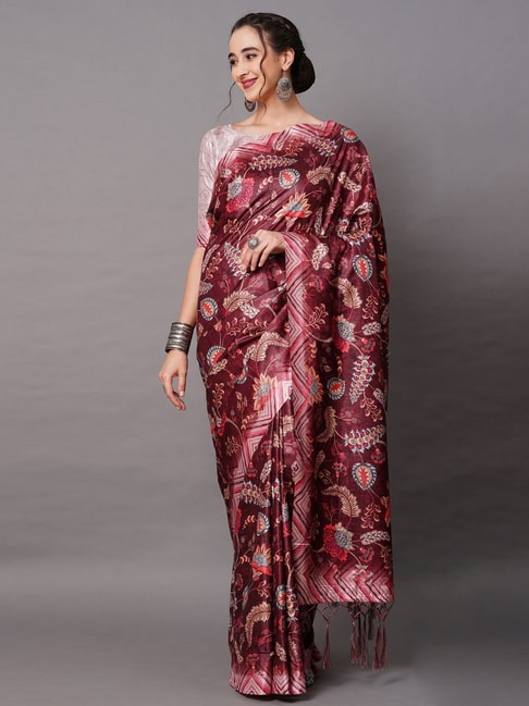 Saree Mall Maroon Silk Printed Saree With Unstitched Blouse Price in India