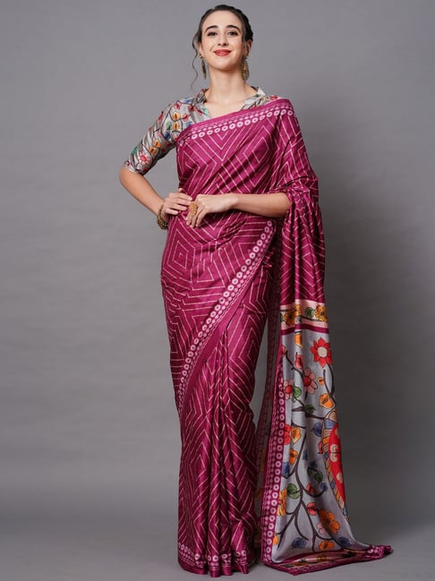 Saree Mall Purple Silk Printed Saree With Unstitched Blouse