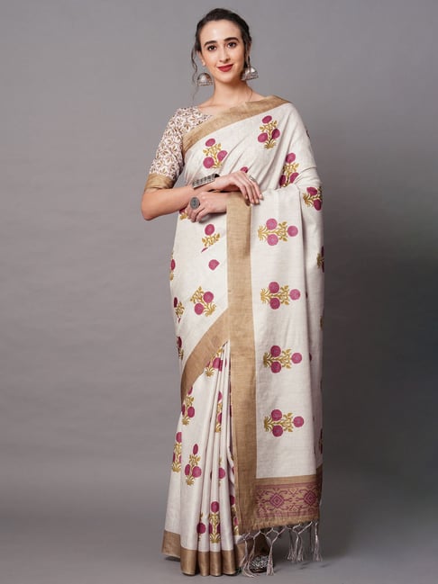 Saree Mall Off-white Printed Saree With Unstitched Blouse Price in India