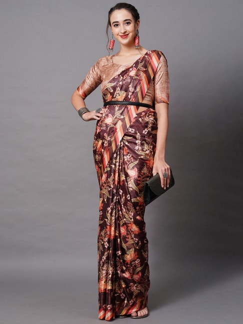 Saree Mall Brown Silk Floral Print Saree With Unstitched Blouse Price in India