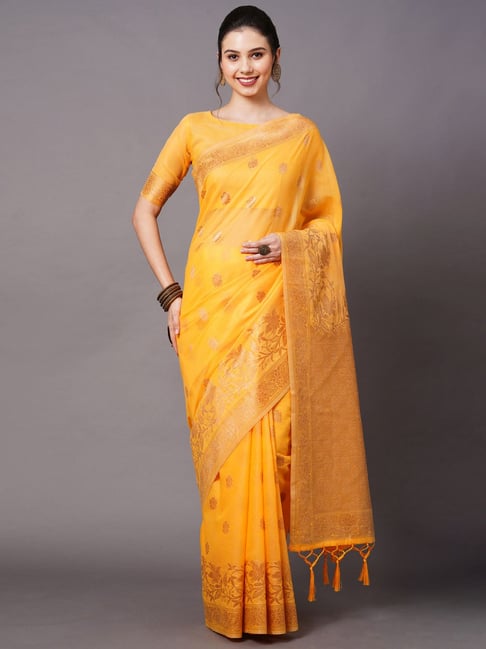 Saree Mall Yellow Cotton Silk Woven Saree With Unstitched Blouse