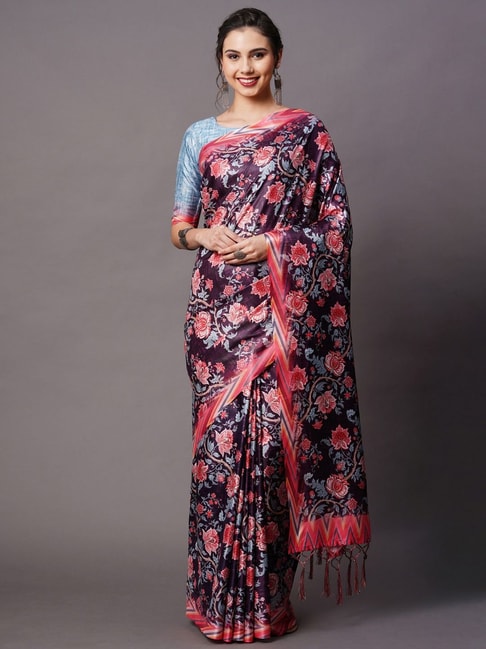 Saree Mall Purple Silk Floral Print Saree With Unstitched Blouse Price in India