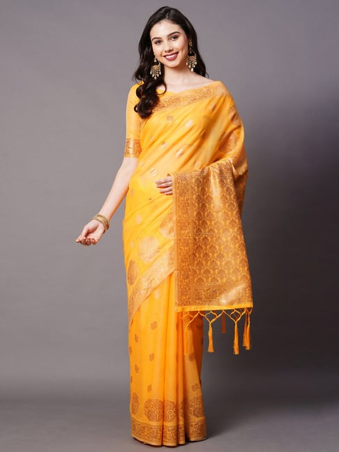 Saree Mall Yellow Cotton Silk Woven Saree With Unstitched Blouse