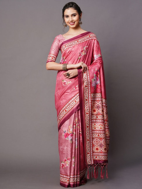 Saree Mall Pink Silk Floral Print Saree With Unstitched Blouse Price in India