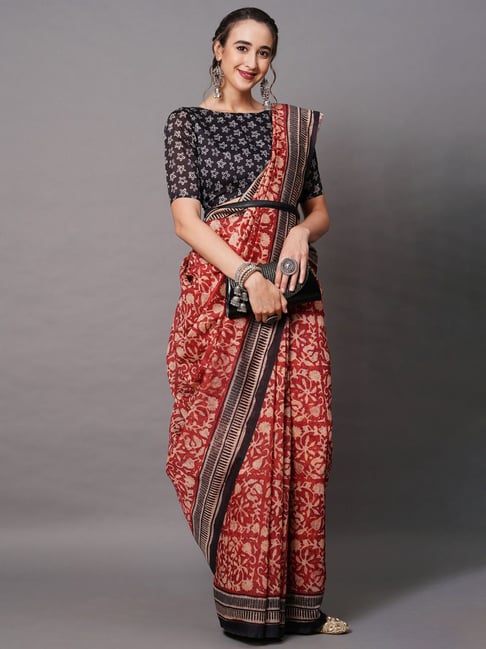 Saree Mall Rust Silk Printed Saree With Unstitched Blouse Price in India
