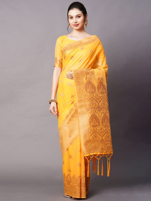 Saree Mall Yellow Cotton Silk Woven Saree With Unstitched Blouse