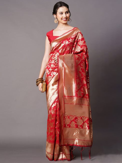 Saree Mall Red Woven Saree With Unstitched Blouse Price in India