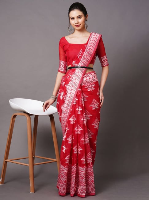 Saree Mall Red Cotton Silk Woven Saree With Unstitched Blouse Price in India