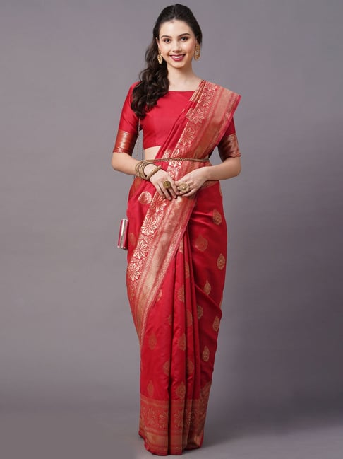 Saree Mall Red Woven Saree With Unstitched Blouse Price in India