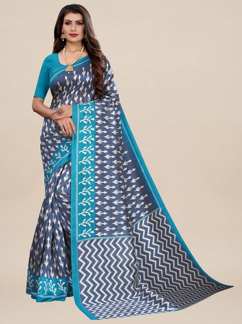 Saree Mall Blue Silk Printed Saree With Unstitched Blouse Price in India