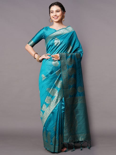 Saree Mall Teal Blue Woven Saree With Unstitched Blouse Price in India