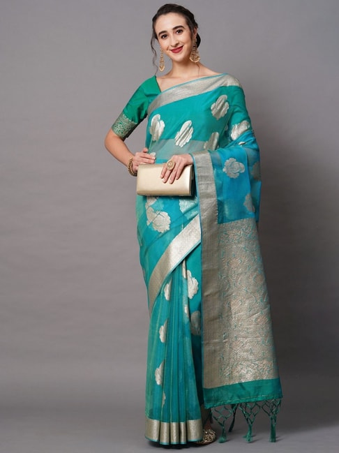 Saree Mall Teal Blue Woven Saree With Unstitched Blouse Price in India