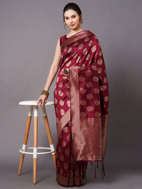 Saree Mall Maroon Woven Saree With Unstitched Blouse Price in India