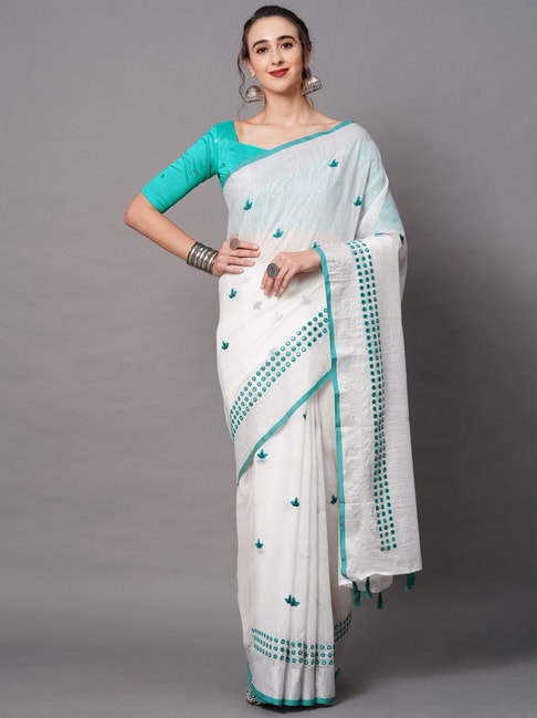 Saree Mall White Embellished Saree With Unstitched Blouse Price in India