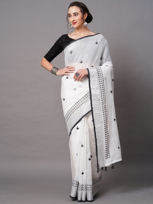 Buy Satrani White Embellished Saree With Unstitched Blouse for Women Online  @ Tata CLiQ