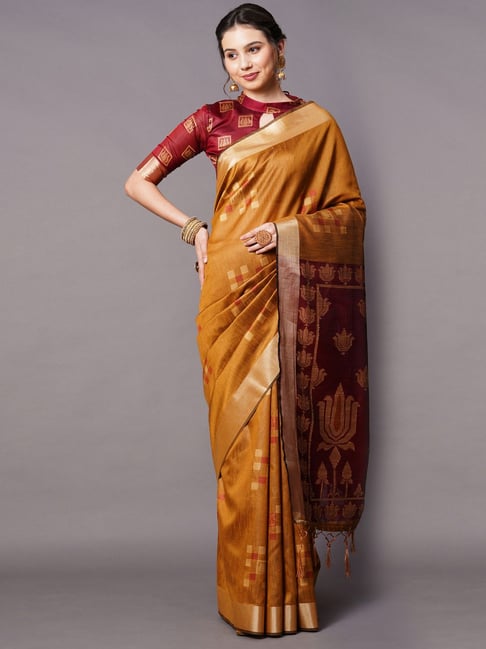 Saree Mall Yellow Cotton Silk Woven Saree With Unstitched Blouse