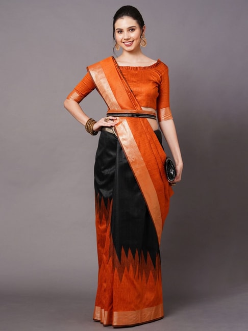 Black & Orange Digital Printed Satin Saree – Maharani