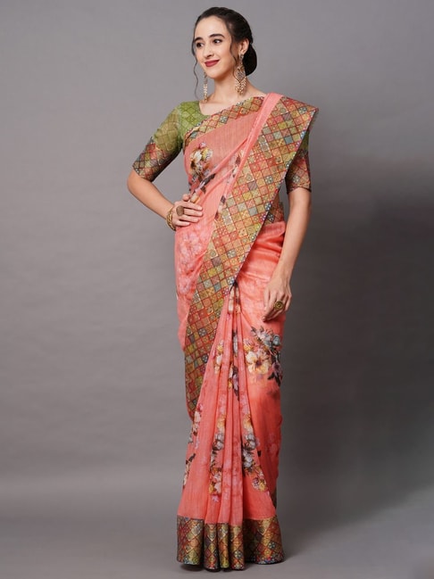 Saree Mall Peach Floral Print Saree With Unstitched Blouse Price in India