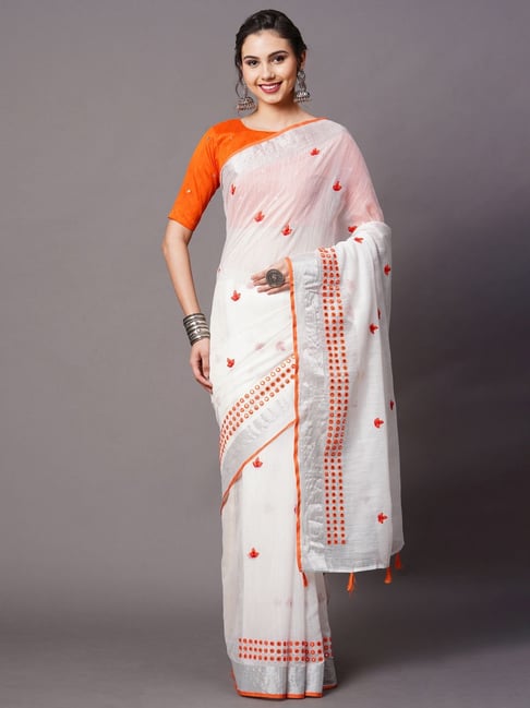 Saree Mall White Embellished Saree With Unstitched Blouse Price in India