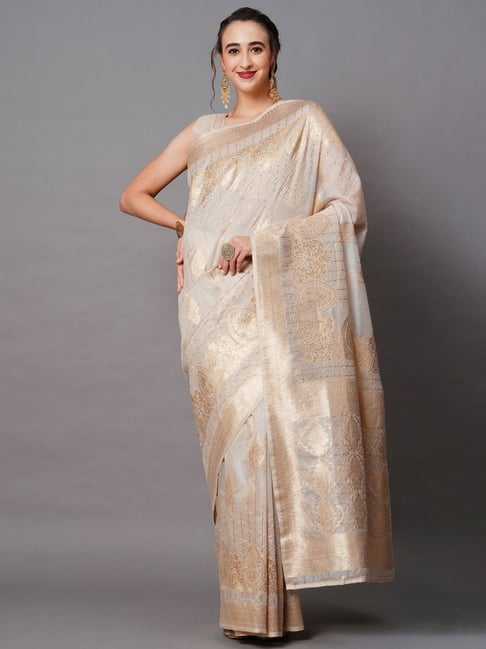 Saree Mall Beige Woven Saree With Unstitched Blouse Price in India