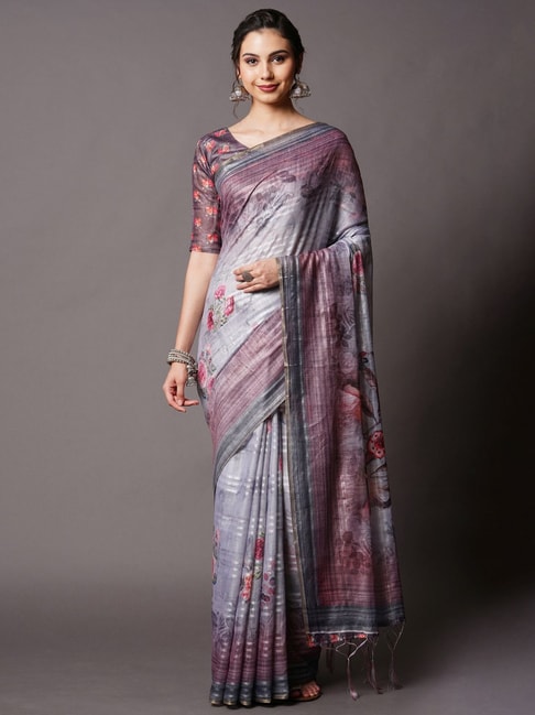 Saree Mall Grey Floral Print Saree With Unstitched Blouse Price in India