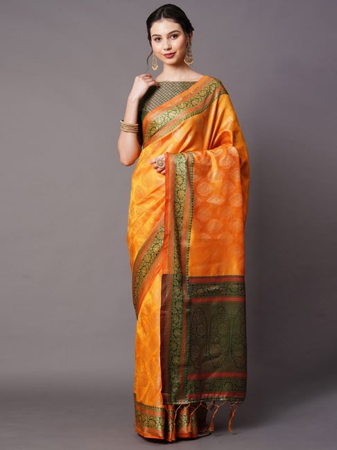 Saree Mall Mustard Woven Saree With Unstitched Blouse Price in India