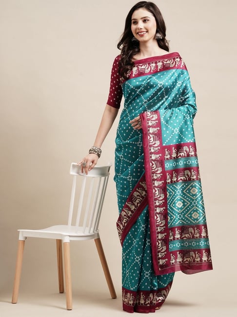 Saree Mall Blue Silk Bandhani Print Saree With Unstitched Blouse Price in India