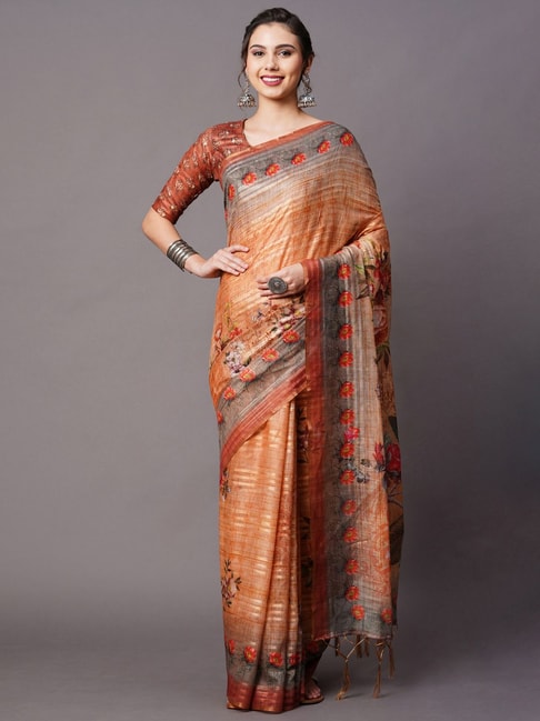 Saree Mall Beige Floral Print Saree With Unstitched Blouse Price in India