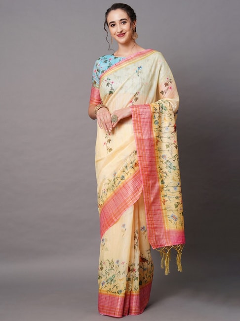 Saree Mall Yellow Floral Print Saree With Unstitched Blouse Price in India