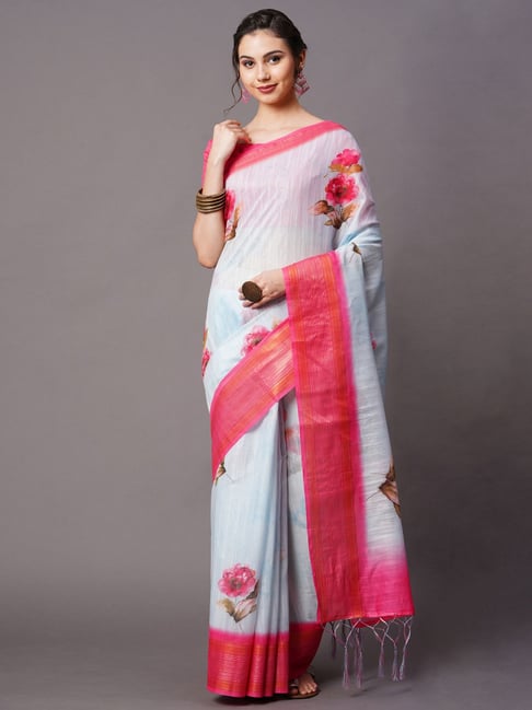 Saree Mall Sky Blue Floral Print Saree With Unstitched Blouse Price in India