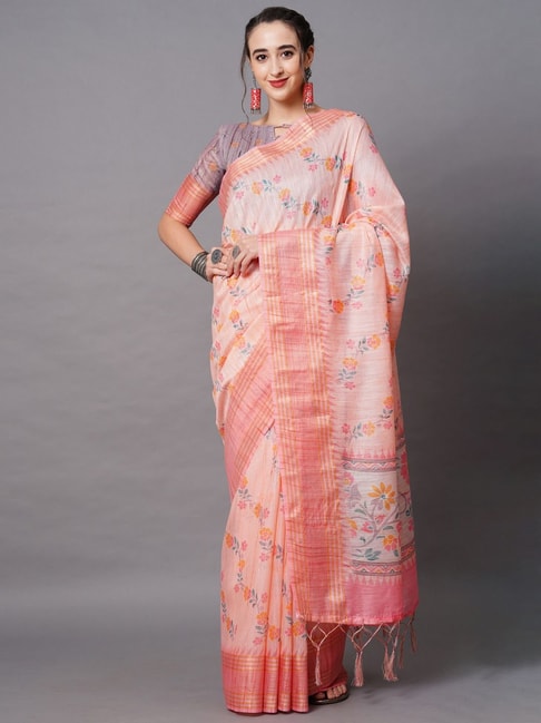Saree Mall Peach Printed Saree With Unstitched Blouse Price in India