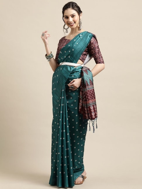 Saree Mall Teal Blue Printed Saree With Unstitched Blouse Price in India