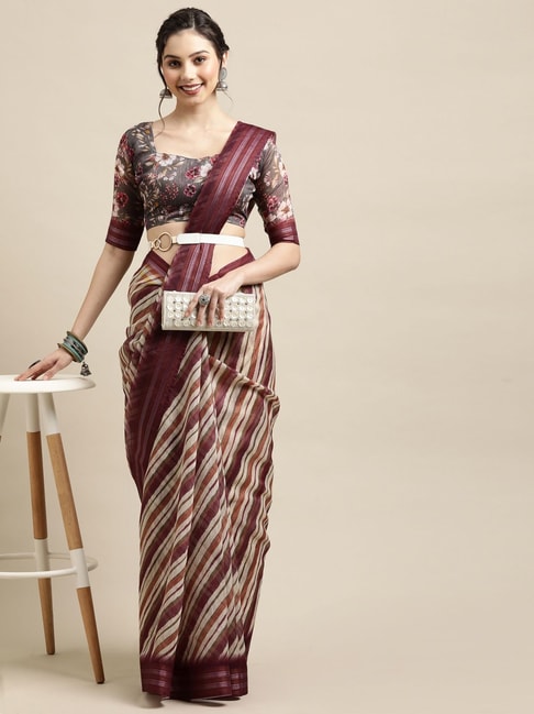 Saree Mall Cream & Maroon Striped Saree With Unstitched Blouse Price in India