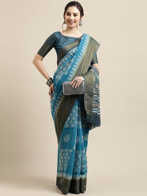 Saree Mall Sky Blue Linen Printed Saree With Unstitched Blouse Price in India