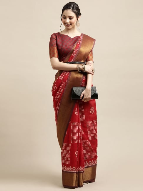 Saree Mall Red Linen Printed Saree With Unstitched Blouse Price in India