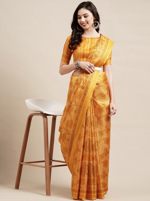 Saree Mall Yellow Silk Printed Saree With Unstitched Blouse Price in India