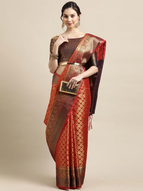 Saree Mall Red Woven Saree With Unstitched Blouse Price in India