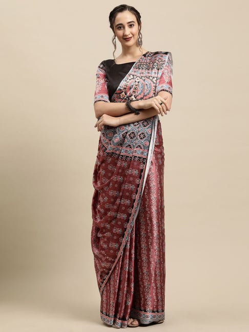 Saree Mall Brown Printed Saree With Unstitched Blouse Price in India