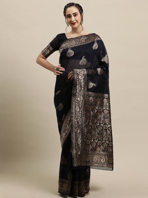 Buy Black Saree In Linen With Zari Woven Pallu And Border Design Online -  Kalki Fashion