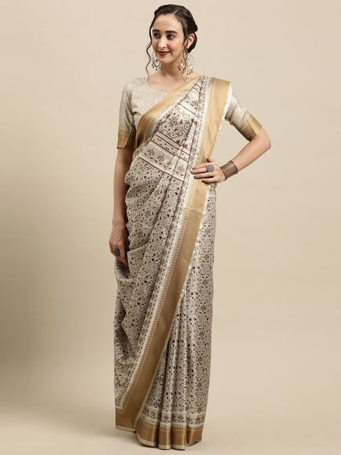 Saree Mall Beige Silk Printed Saree With Unstitched Blouse Price in India